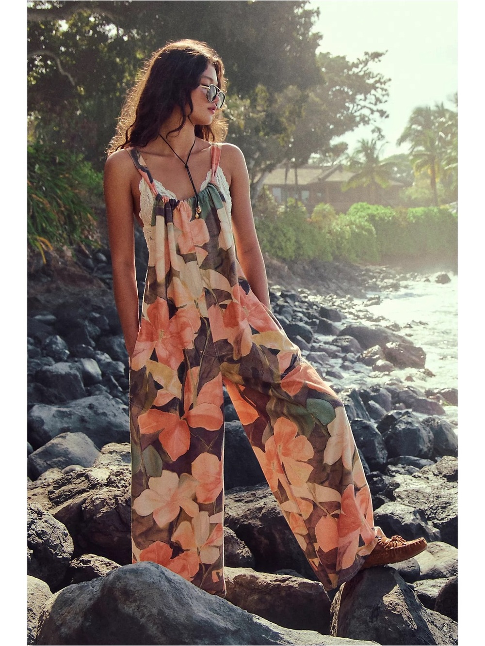 Free People Bohemian Wide Leg Freebird Printed Jumpsuit Caramel Combo Large NWT